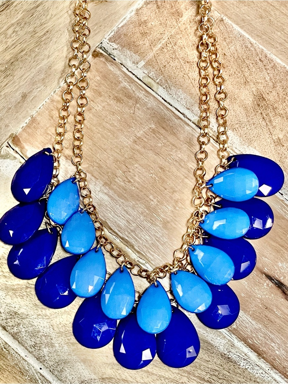 Blue on Blue Gold Chain Statement Necklace with Dual Blue Teardrops